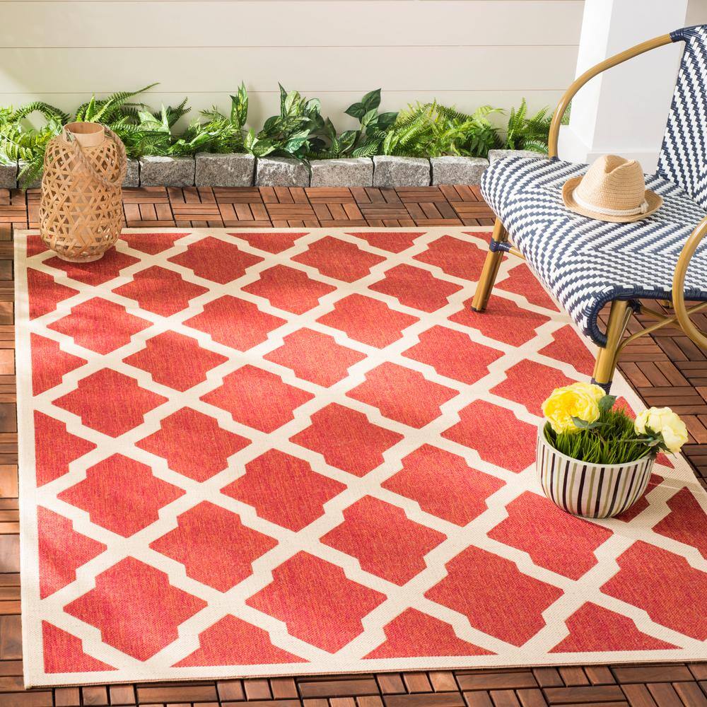 Square Red and Creme Synthetic Indoor/Outdoor Area Rug