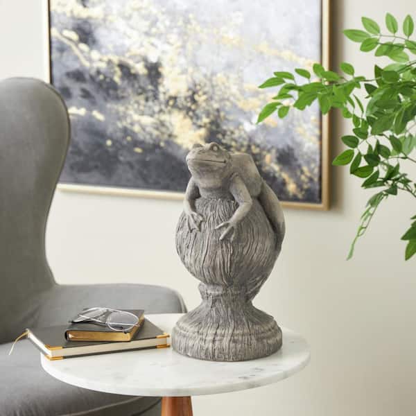 Gray 7 in. x 14 in. Frog Textured Polystone Sculpture with Round Base