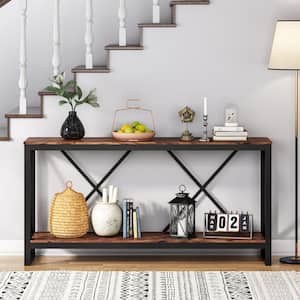 Ellie 70.9 in. Vintage Brown Rectangle Wood Console Table, 2-tier Industrial Sofa Table Hallway Table for Home Office
