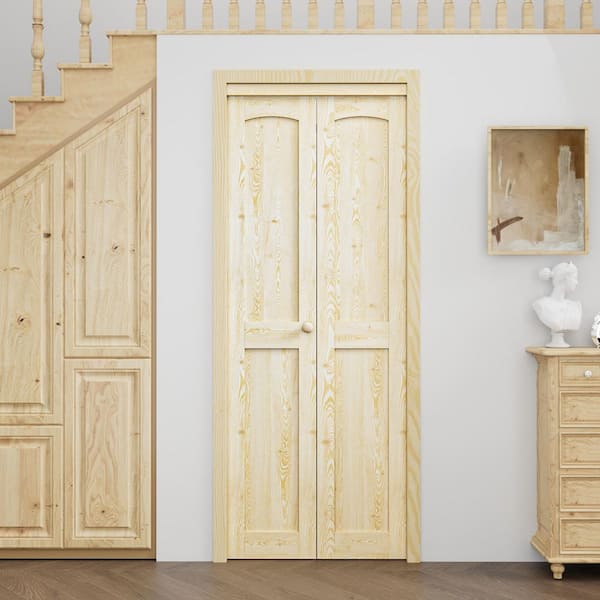 30 in. x 80 in. Arch Panel 2-Lite Solid Core Unfinished Pine Wood Interior Closet Bi-Fold Door with Hardware
