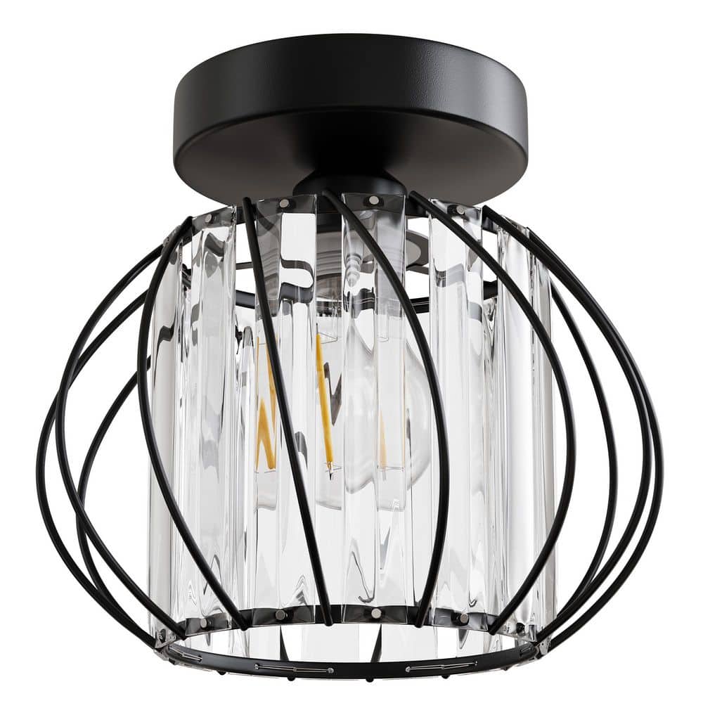7 in. Modern Black Semi-Flush Mount 1-Light with Crystal Cage Shade for Hallway price history on PriceWatchPro