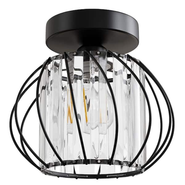 Emeritpro 7 in. Modern Black Semi-Flush Mount 1-Light with Crystal Cage Shade for Hallway