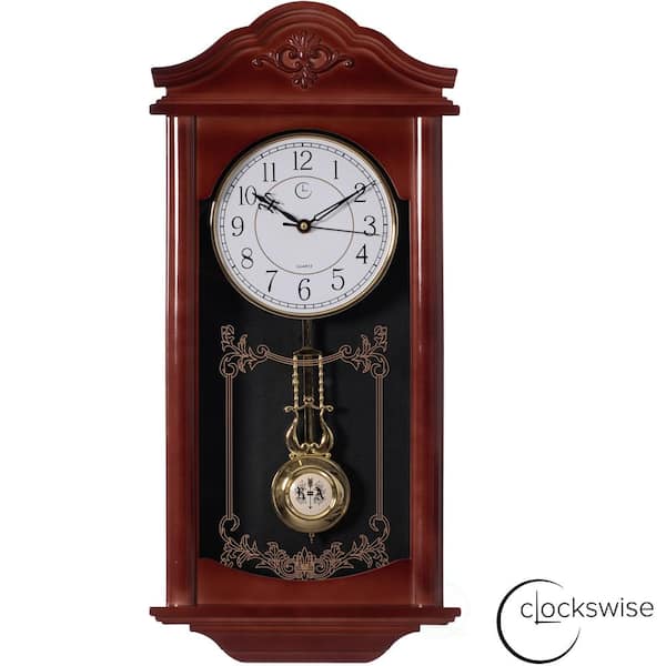 Vintage Grandfather Wood - Looking Plastic Antique Pendulum Wall Clock,  Silent Wall Mount Battery-Operated, Large Brown
