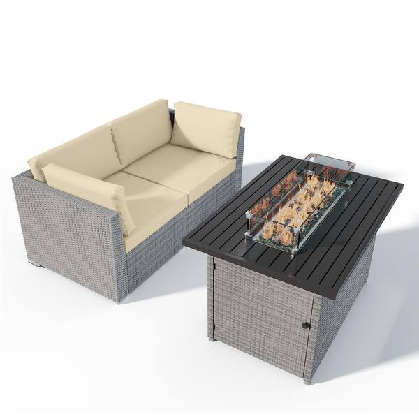 EAGLE PEAK 3 Piece Outdoor Wicker Loveseat with Removable Cushions and Fire Table, Beige