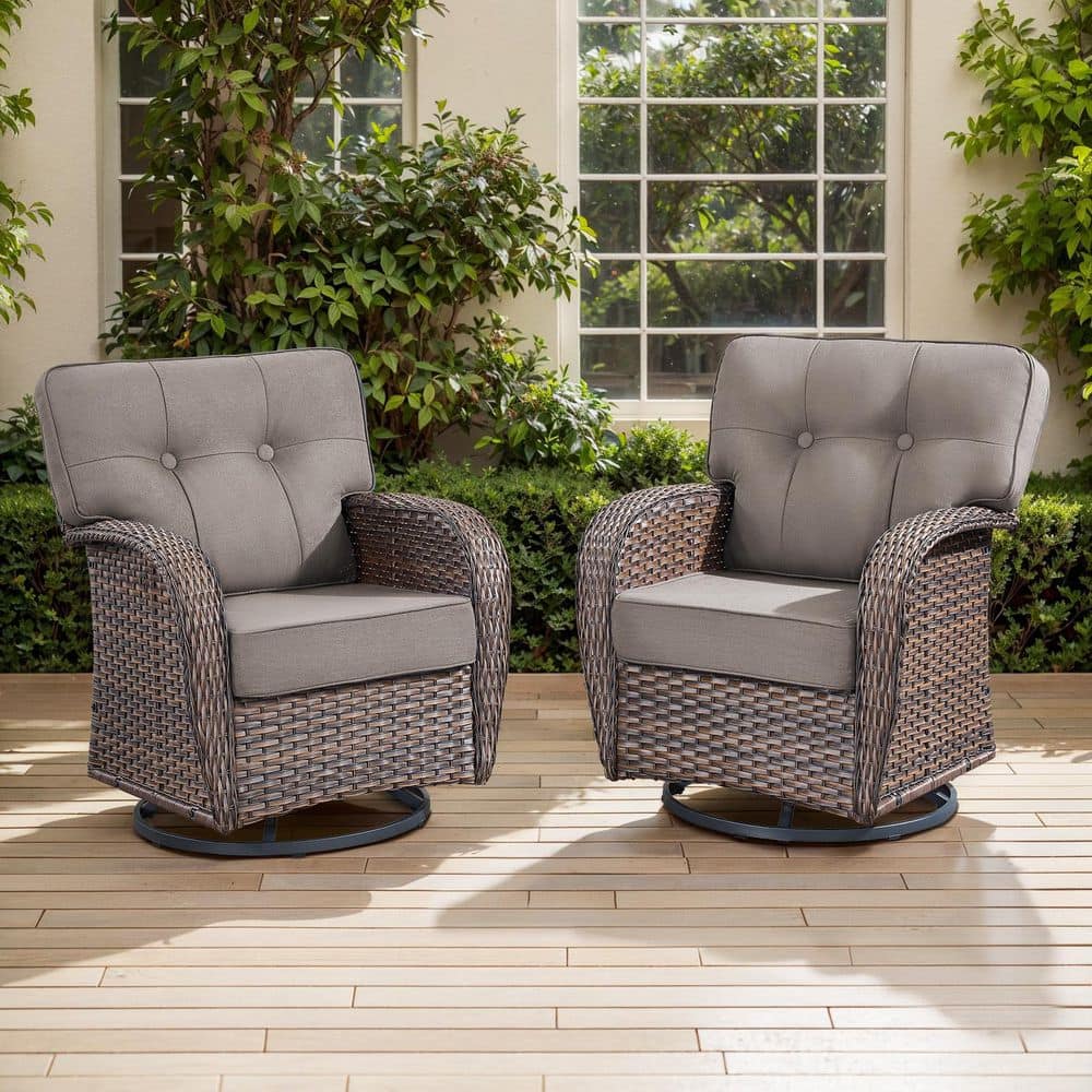 TWrap Brown Wicker Outdoor Rocking Chair Patio Swivel Glider with 5 in. Thick Gray Box-Edge Cushions (2-Pack) price history on PriceWatchPro
