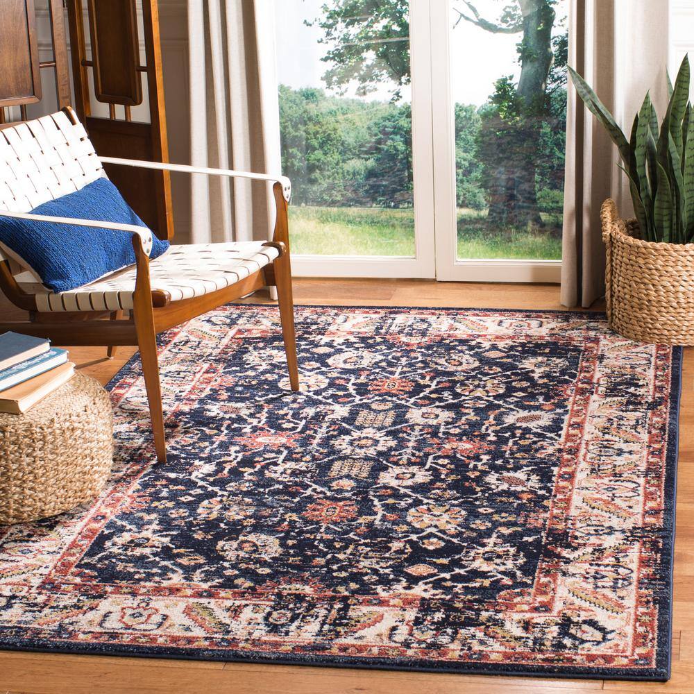Navy and Ivory 8' x 10' Synthetic Floral Area Rug