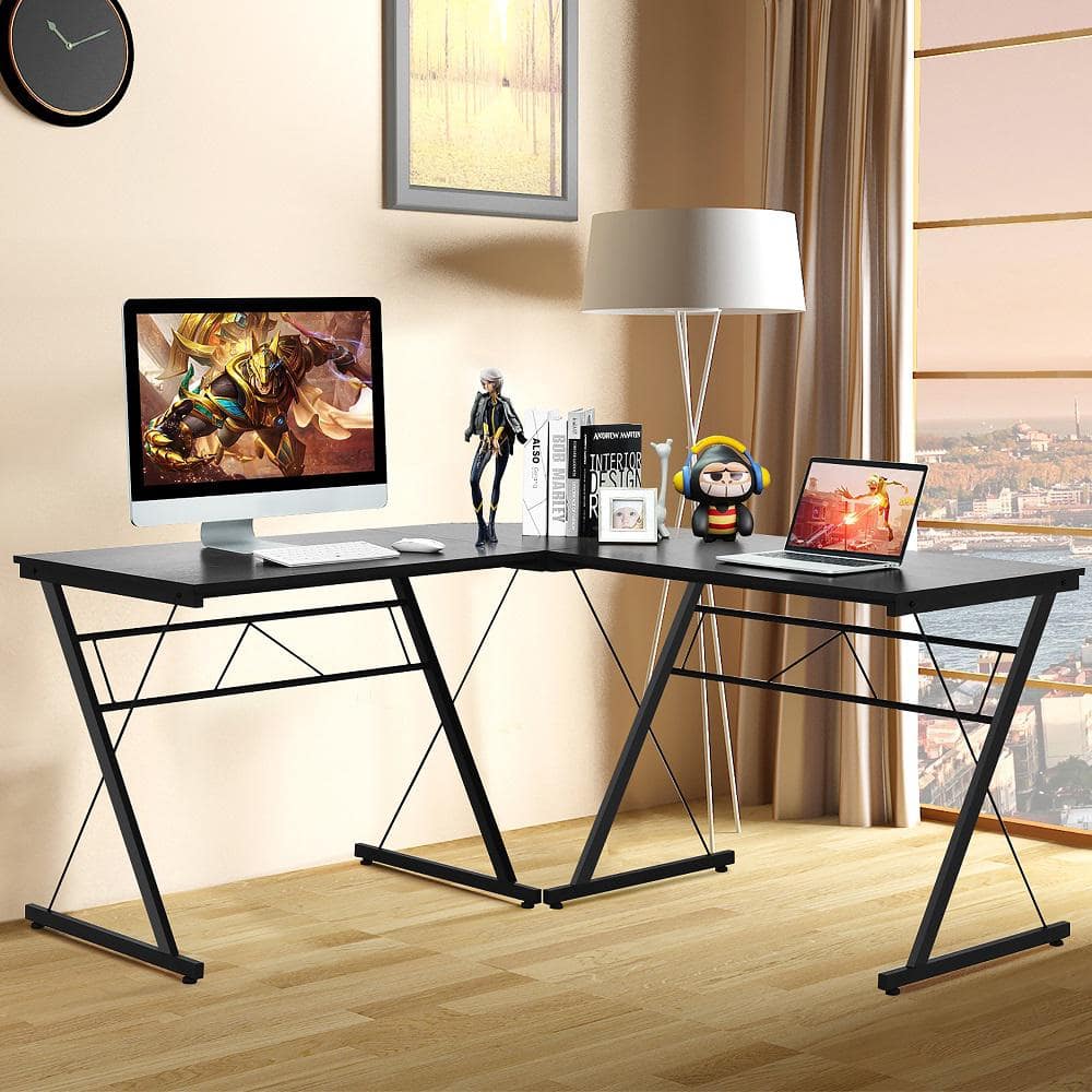 59'' Black L-Shaped Wood and Metal Computer Desk