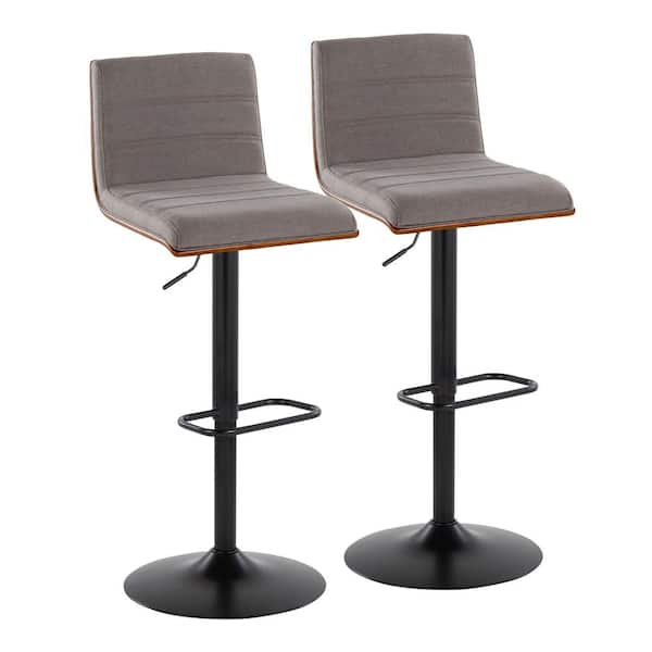 Lumisource Vasari 32 in. Grey Fabric, Walnut Wood and Black Metal Adjustable Bar Stool (Set of 2)
