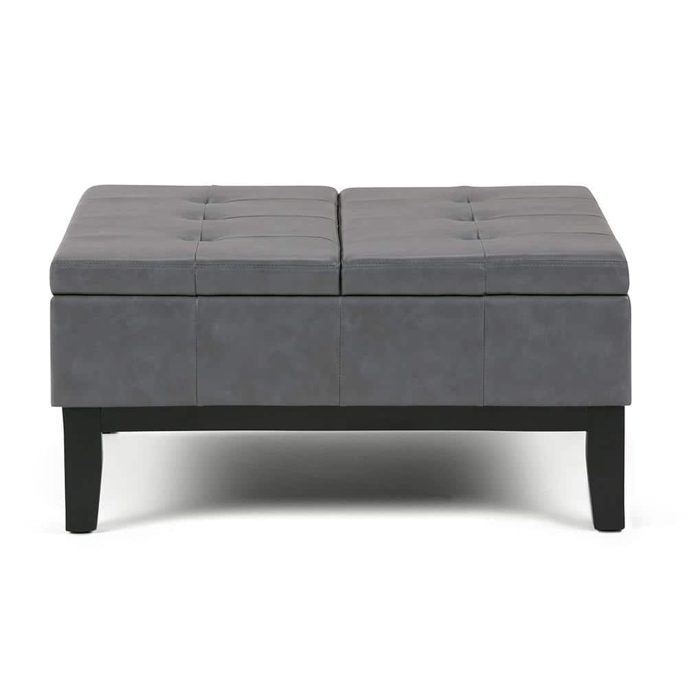 Stone Gray Faux Leather Tufted Square Cocktail Ottoman with Storage