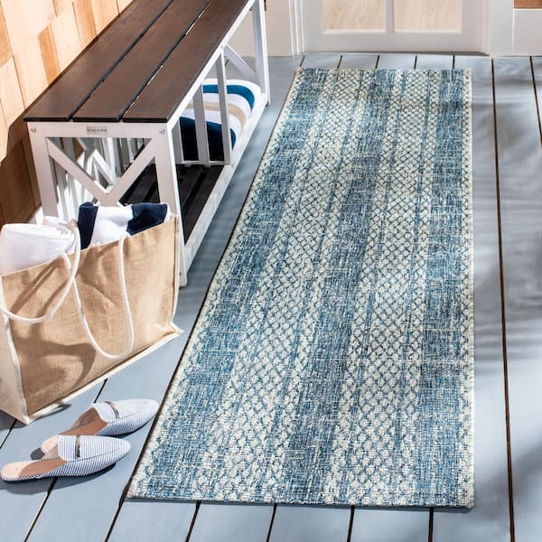 Courtyard Light Gray/Blue 2 ft. x 7 ft. Distressed Striped Diamond Indoor/Outdoor Runner Rug