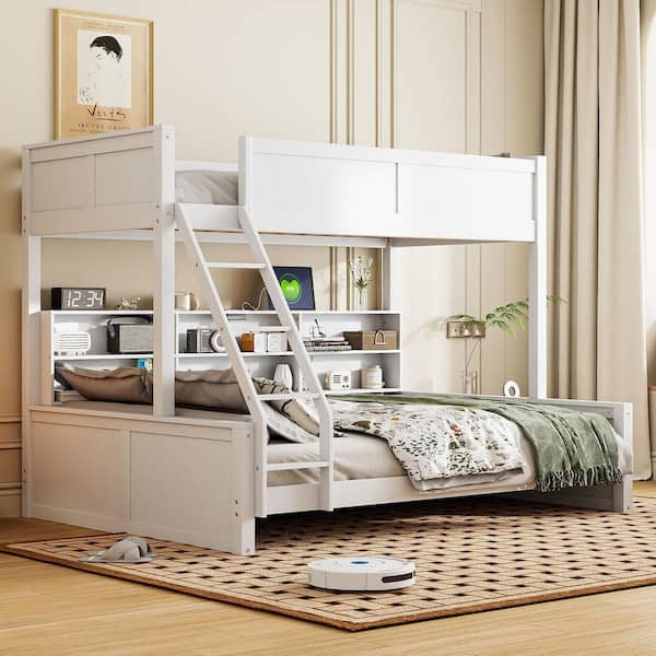 Antique White Twin XL Over Queen Wood Bunk Bed with Storage Shelves and USB Ports