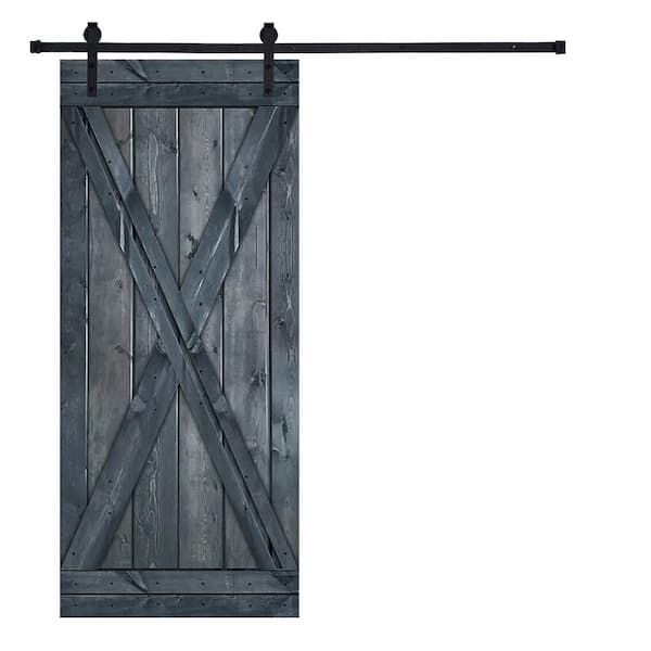 AIOPOP HOME Modern X Style Series 38 in. x 84 in. Icy Gray stained Knotty Pine Wood DIY Sliding Barn Door with Hardware Kit