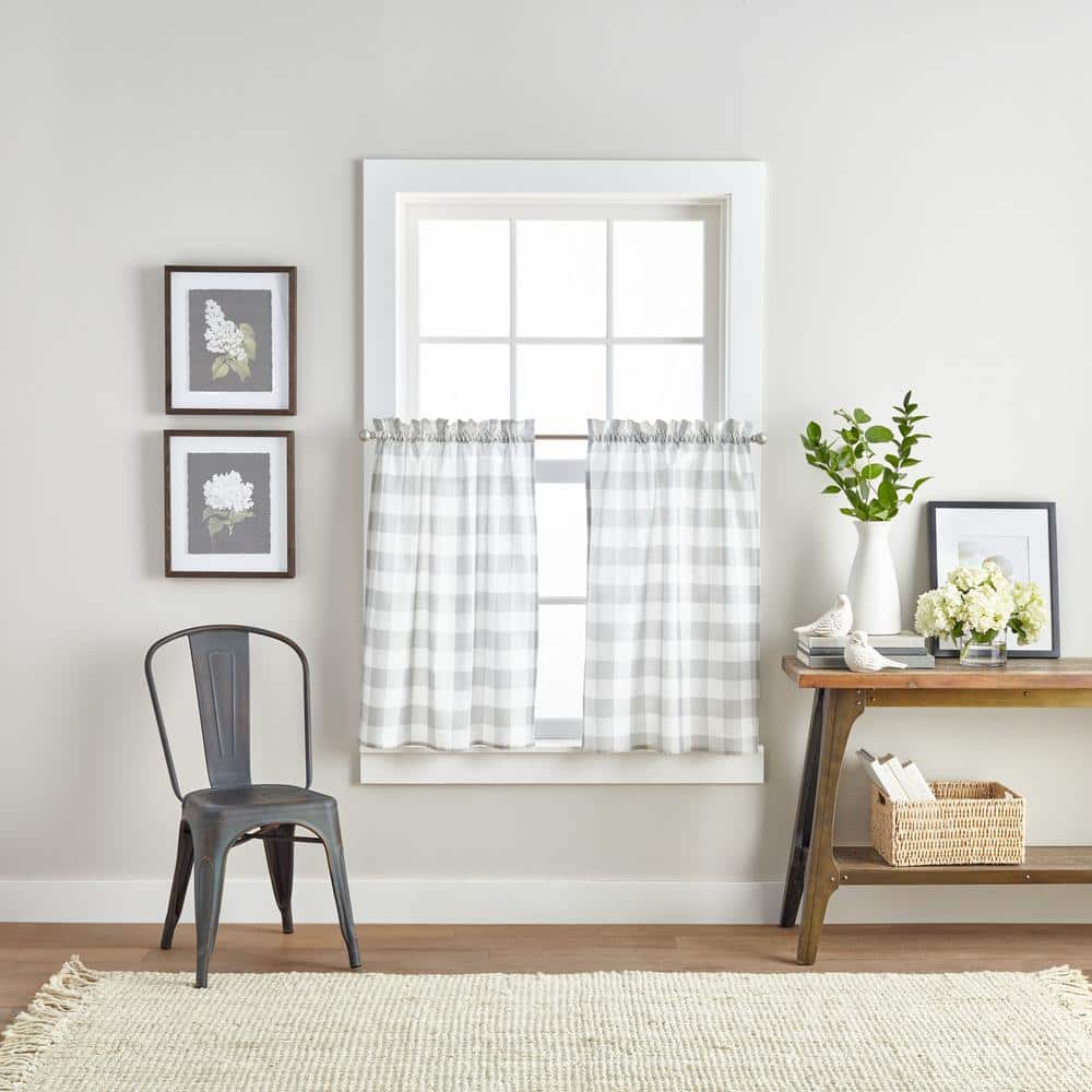Gray and White Buffalo Check Polyester Cotton Valance and Tier Set