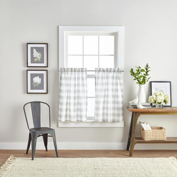 Curtainworks Buffalo Check Grey 56 in. W x 36 in. L Tier and Valance Curtain Set