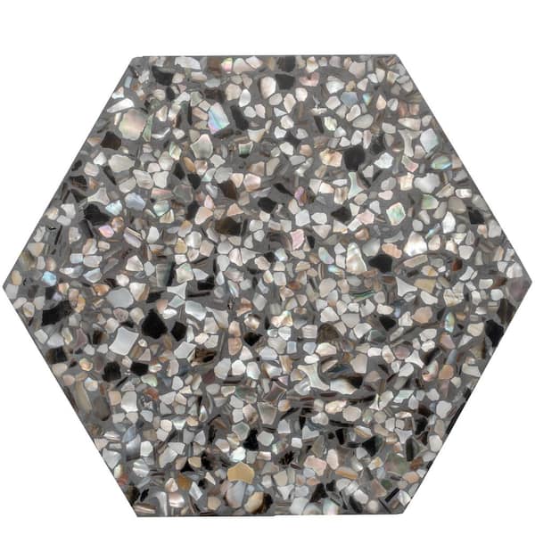 Amalfi 4 x 5 in. Black with Amber Pearl flecks Glossy Shell, Terrazzo Hexagon Marble Tile Sample