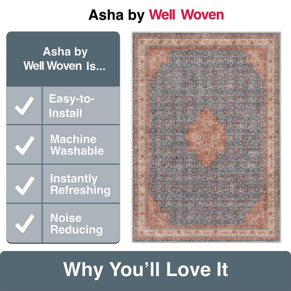 Blue Red 8' x 10' Chenille Oriental Washable Area Rug