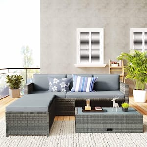 4-Piece Outdoor Patio Sofa Set with Retractable Table and Gray Cushions
