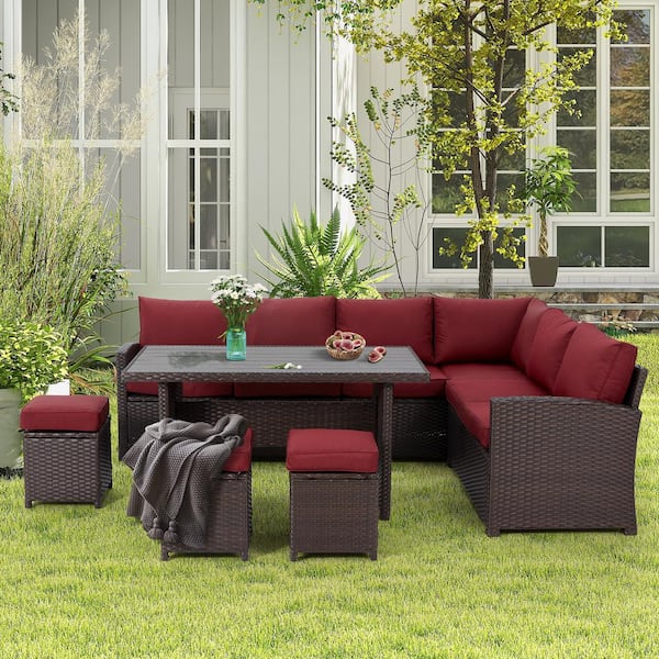 Unbranded 7 Piece Hand-Woven Wicker Sofa Sectional Set with Wine Red Cushion,for Garden, Lawn, Balcony