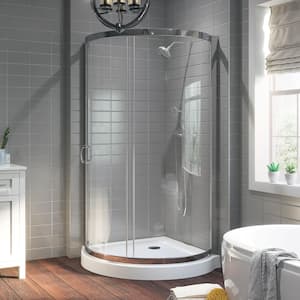Breeze 36 in. L x 36 in. W x 76.97 in. H Corner Shower Kit with Clear Framed Sliding Door in Chrome and Shower Pan