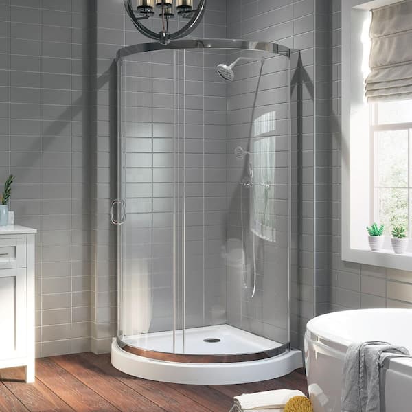 OVE Decors Breeze 36 in. L x 36 in. W x 76.97 in. H Corner Shower Kit with Clear Framed Sliding Door in Chrome and Shower Pan