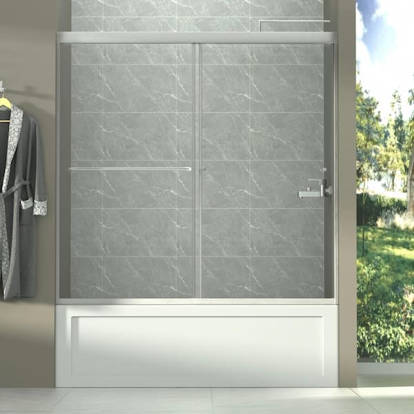 Xspracer Victoria 60 in. W x 58 in. H Sliding Semi Framed Tub Door in Brushed Nickle Finish with Clear Glass