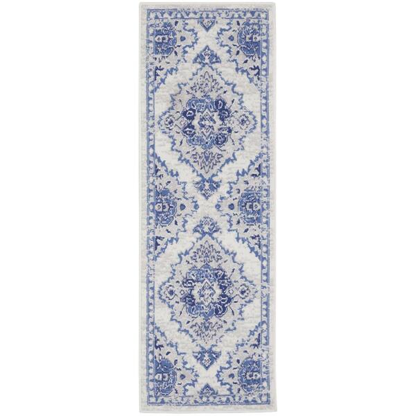 2 ft. x 6 ft. Blue Floral Washable Area Rug