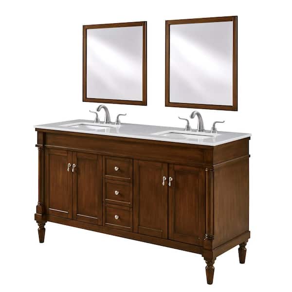 Unbranded Simply Living 60 in. W x 21 in. D x 35 in. H Bath Vanity in Walnut with White and Brown Vein Marble Top