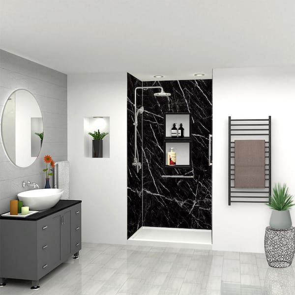 Titan 48 in. W x 96 in. H x 36 in. D 3-Piece Glue-Up Alcove Shower Wall Surround in Black Caruso (Honed)