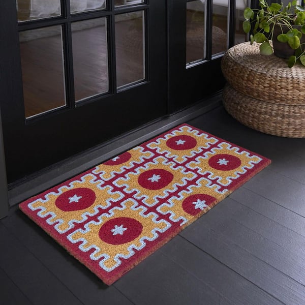 Tomato Grid Red/Blue 18 in. x 30 in. Coir Indoor/Outdoor Door Mat