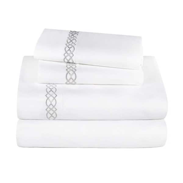 1000 Thread Count 4-Piece White-Ivory Embroidered Egyptian Cotton Deep Pocket King Sheet Set