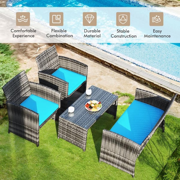 Unbranded 4 Pieces Patio Wicker Patio Conversation Set With Glass Table and Turquoise Cushions