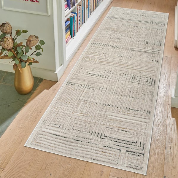 Trevi Vania Cream 3 ft. x 8 ft. Geometric High-Low Indoor Runner Rug