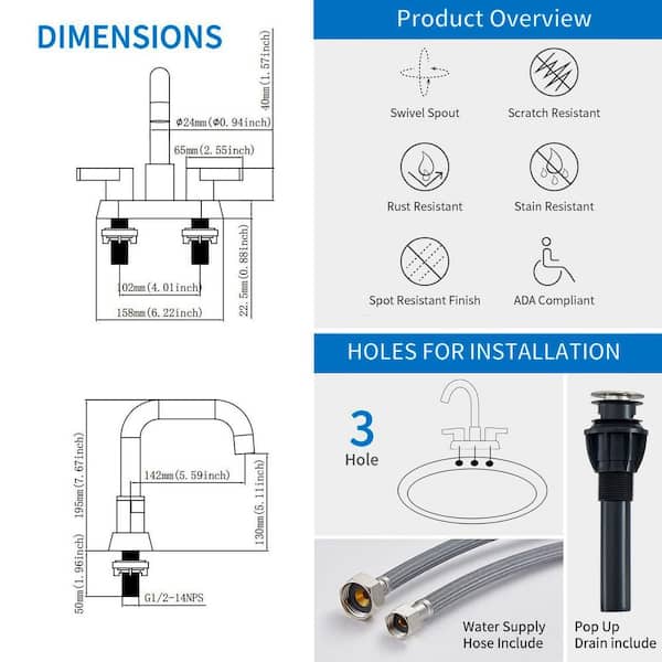 4 in. Centerset 2-Handle 3-Hole 360-Degree Swivel Spout Bathroom Vanity Faucet with Supply Lines in Brushed Nickel