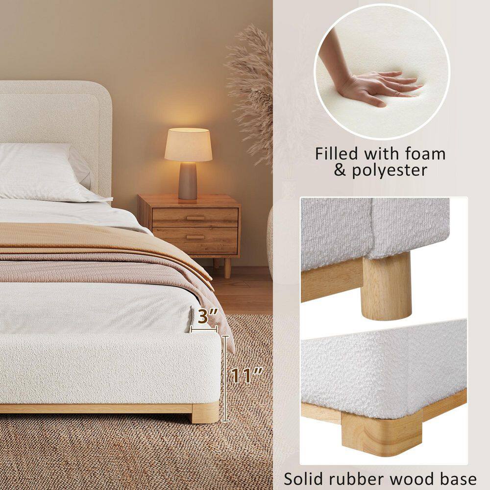 White Wood Frame King Size Soft Boucle Upholstered Platform Bed with Solid Rubber Wood Base and Legs - thumbnail 7