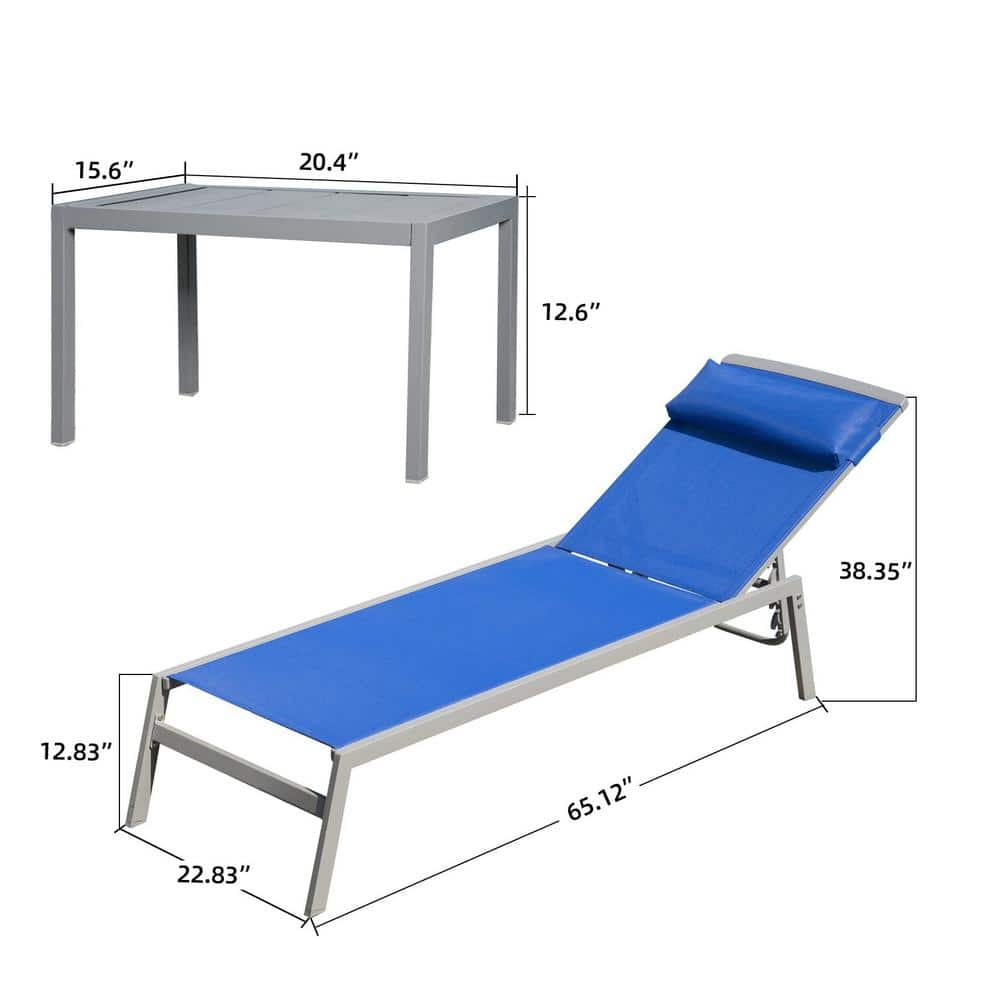 Blue Aluminum Armless Chaise Lounge Set with Side Table