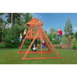 Cedar Chalet Complete Wood Playset with Wooden Roof, Climbing Wall, Sandbox, Slide and Multiple Swing Set Accessories