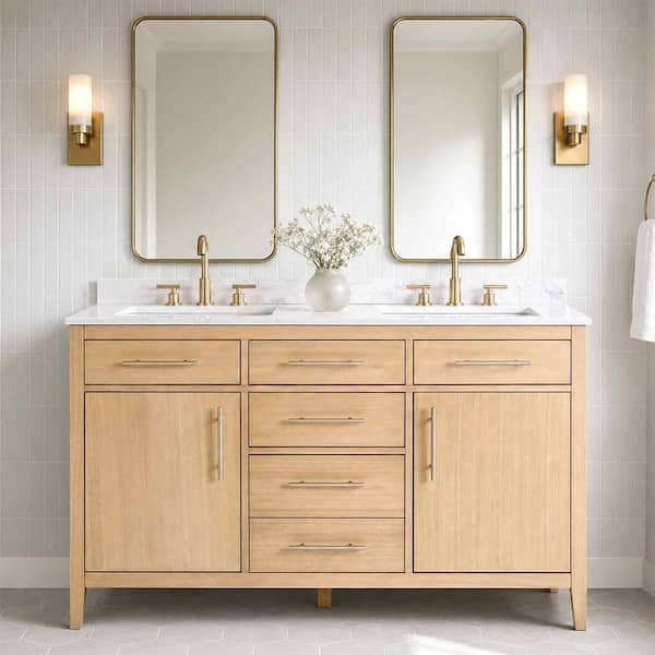 Solidus 55 in. W Double Sinks Freestanding Bath Vanity in Fawn Oak with Calacatta Cultured Marble Top