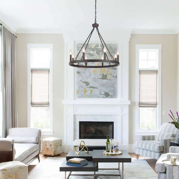 8-Light Antique Black Circle Candle Design Linear Chandelier Lighting Wagon Wheel Chandelier for Kitchen Island