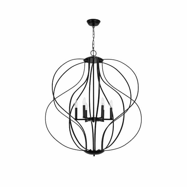 Frankfort 6-Light Black Unique Geometric Cage Chandelier Wrought Iron Accents