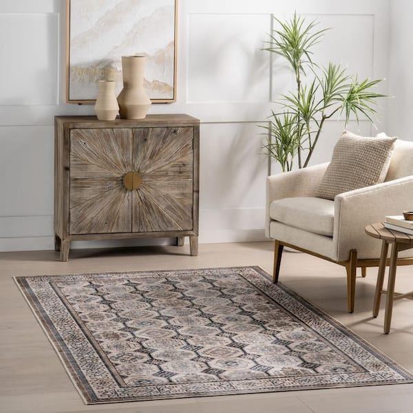 Arisbeth SplashGuard Machine Washable Area Light Beige 4 ft. x 6 ft. Indoor Area Rug