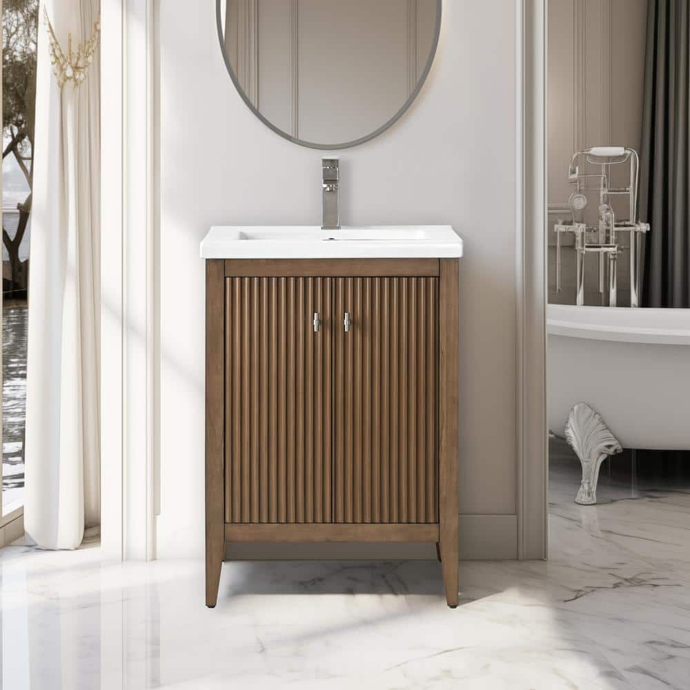 Walnut and White Ceramic Single Sink Bathroom Vanity Cabinet