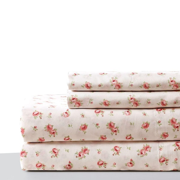 THE URBAN PORT Melun 4-Piece Pink and White Rose Pattern Microfiber Queen Size Sheet Set