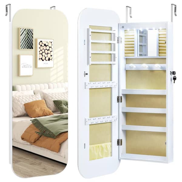 6 LEDs Mirror Jewelry Cabinet w/Full-Length Rounded MirrorStorage Shelves Hooks White