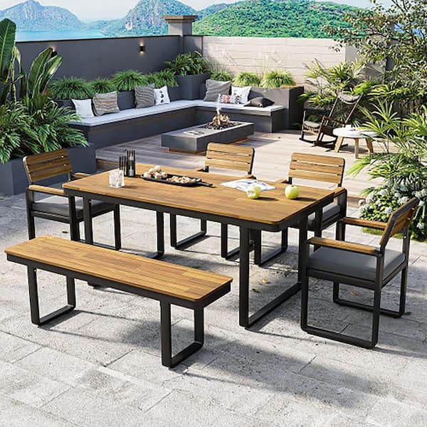 6-Piece Acacia Wood Patio Outdoor Dining Set with Gray Cushions and Bench