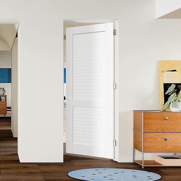 30 in. x 80 in. Louvered Panel,Composite, White Primed, MDF Prehung Interior Door Right-Handed w/ Door Jamb and Hardware