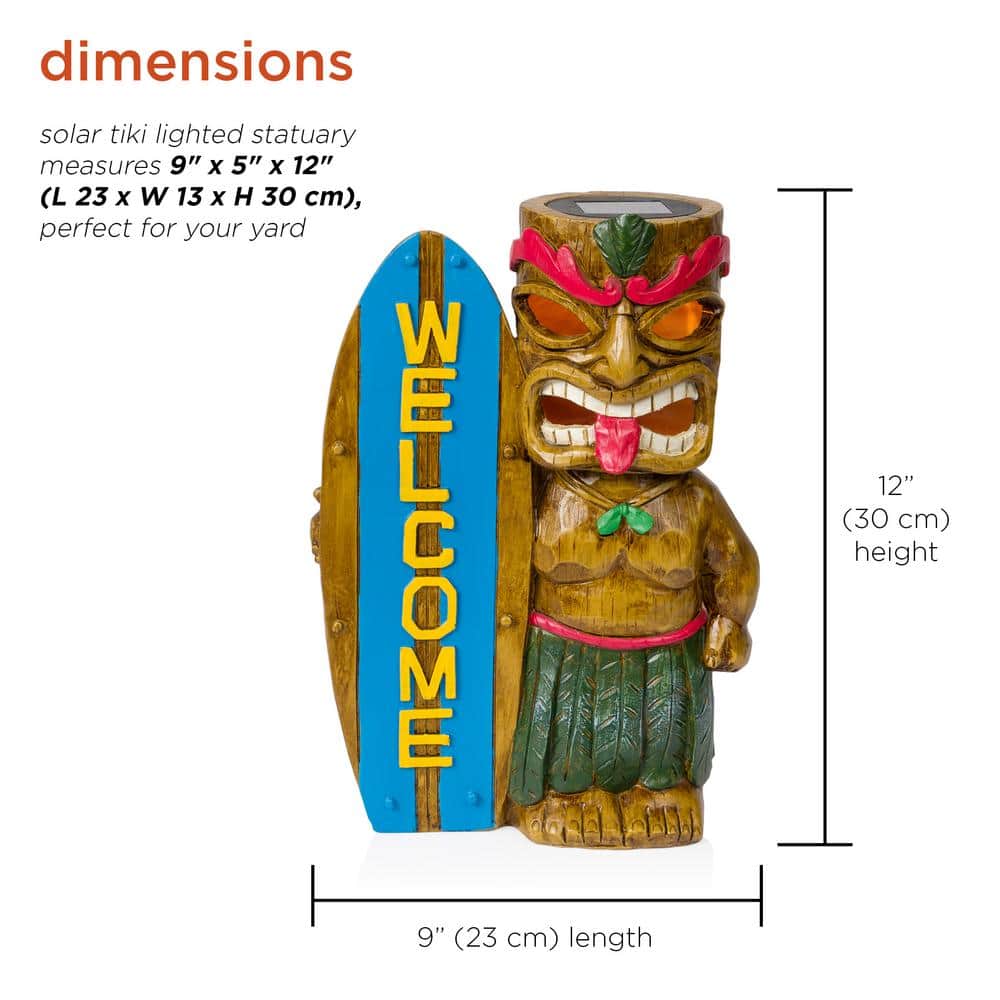 Solar Tiki Statue with Welcome Surfboard and LED Lights