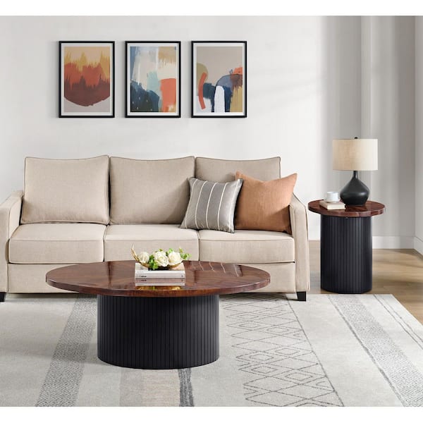 Rosalind 50 in. Cherry and Base in Black Oval Coffee Table with Faux Marble Top