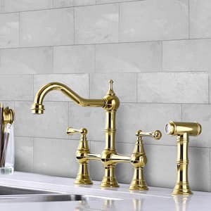 Double Handle Bridge Kitchen Faucet with Pull-Out Side Sprayer in Brushed Titanium Gold