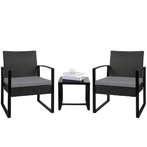 Black 3-Piece Patio Sets Steel Outdoor Wicker Patio Furniture Sets Outdoor Bistro Set with Gray Cushion