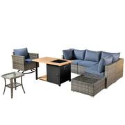 Sanibel Gray 8-Piece Wicker Patio Conversation Sofa Set with a Swivel Chair, a Storage Fire Pit and Denim Blue Cushions